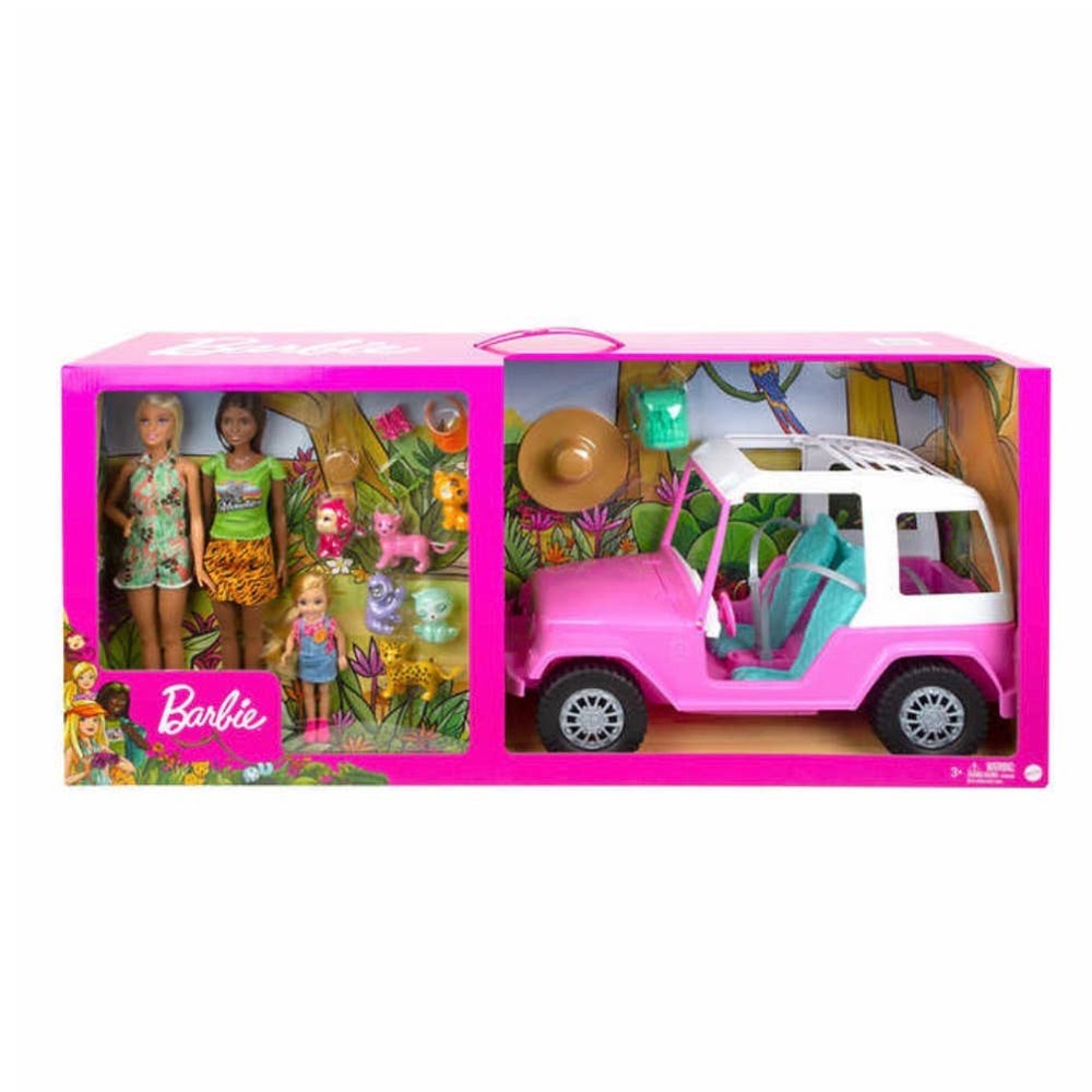 Barbie and Friends Wildlife Adventure Gift Set with Jeep 3 Dolls Animals New